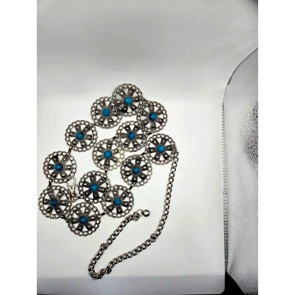 Turquoise Blue Stone Round Silver Chain Belt Fits most